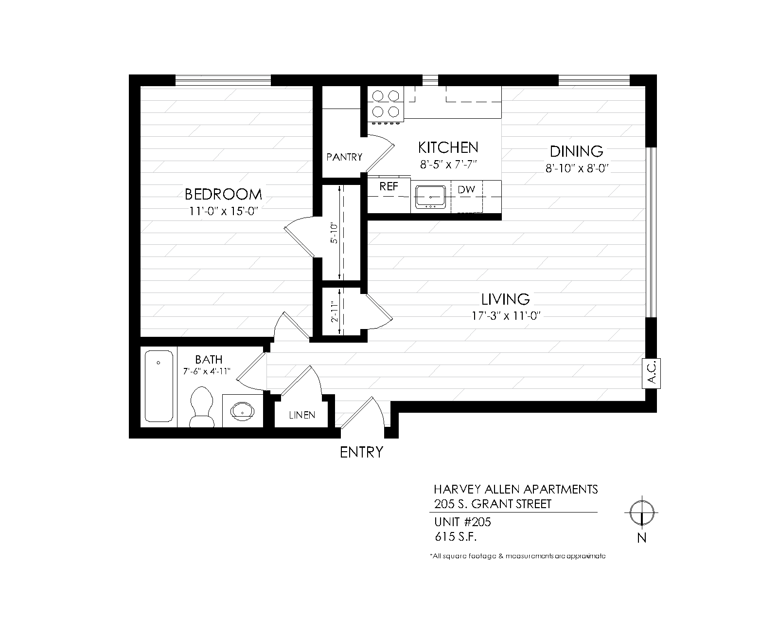 Floor plan for 1 bed, 1 bath, 450 sqft